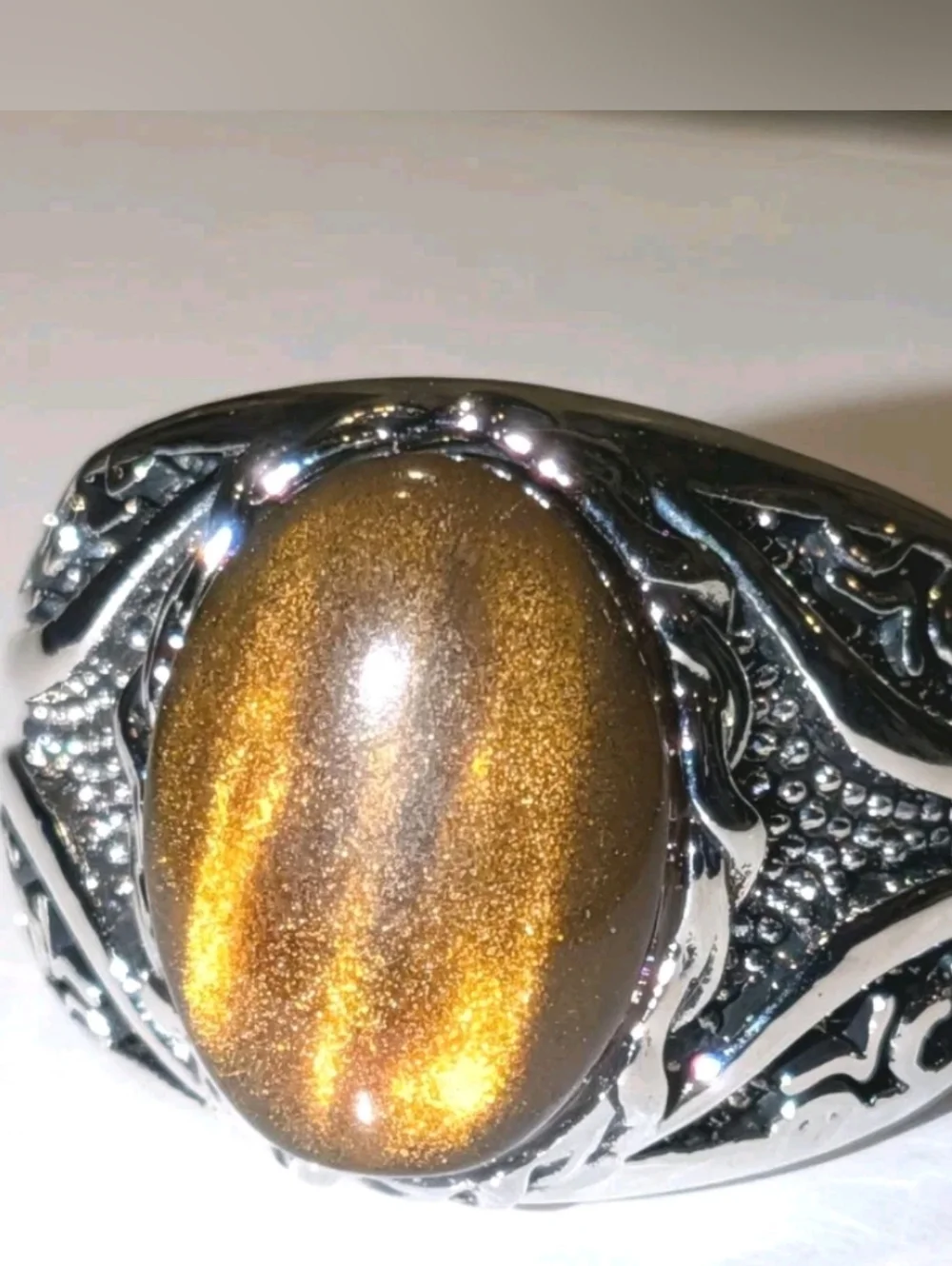 Men Oval Tiger Eye Gemstone Silver Plated Ring , Brown Veined Stone Ring Sz 10
